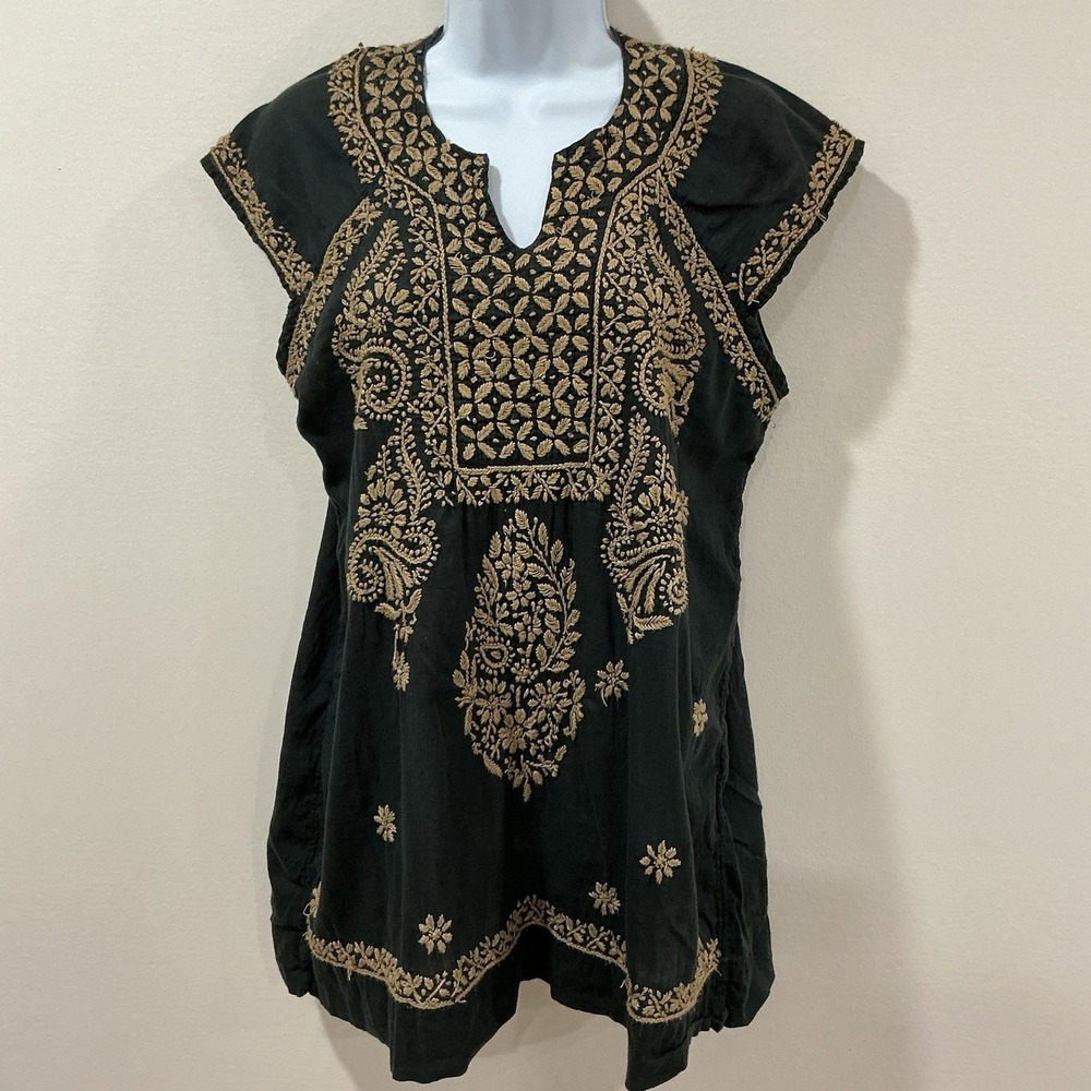 JAYSHREE DALAL Hand Embroidered Tunic‎ Top Black Women's Size Medium Boho